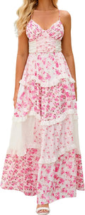 Women Floral Maxi Dress with V Neck Lace Trim - Flowy Boho