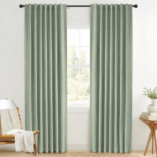 100% Blackout Curtains for Bedroom - Linen Drapes in Sage Green
