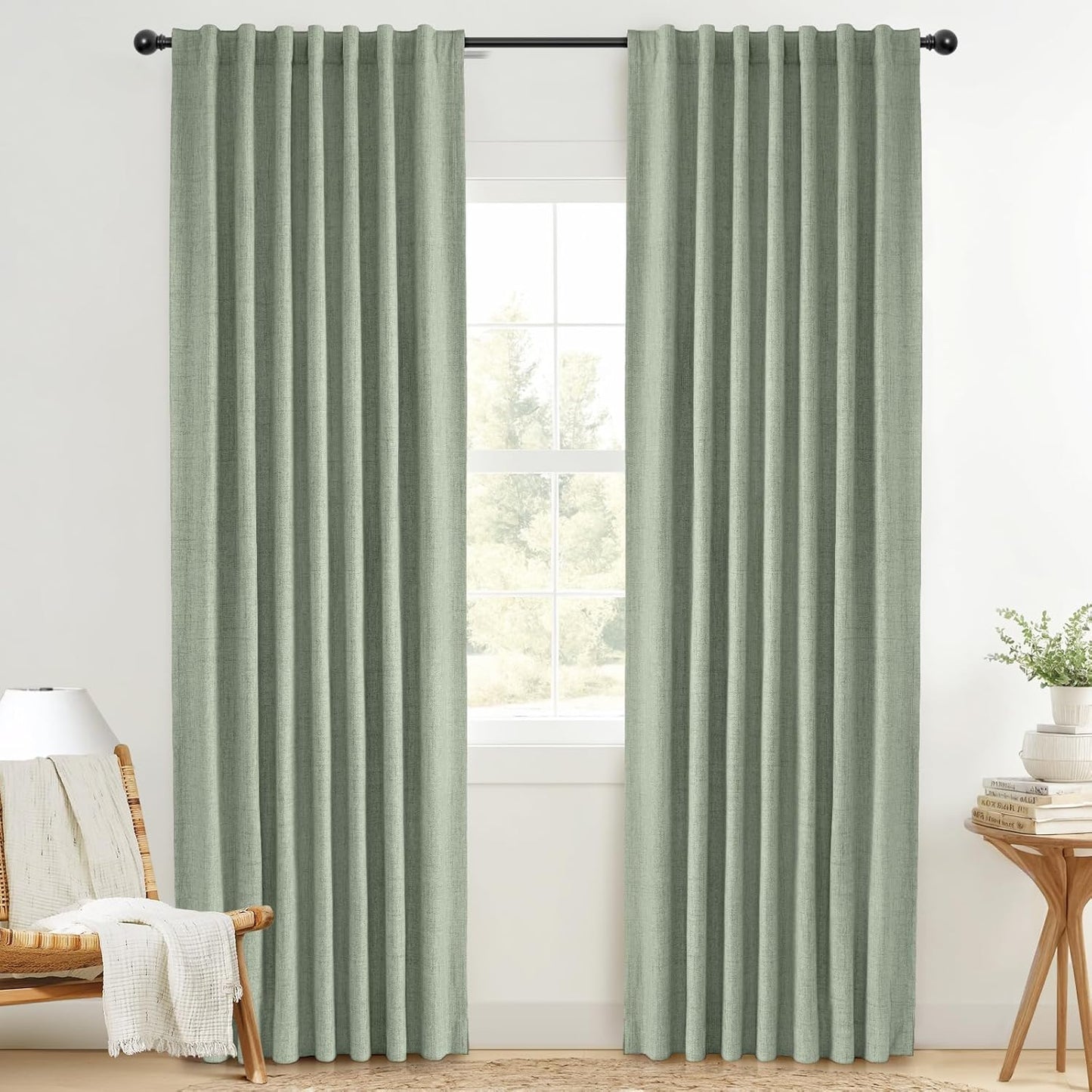 100% Blackout Curtains for Bedroom - Sage Green Linen Drapes