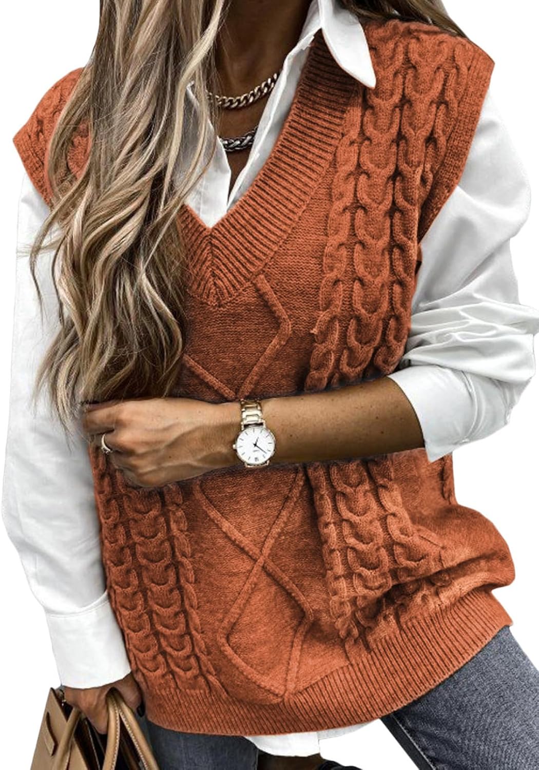 EVALESS Oversized Sweater Vest for Women - Stylish V Neck Design