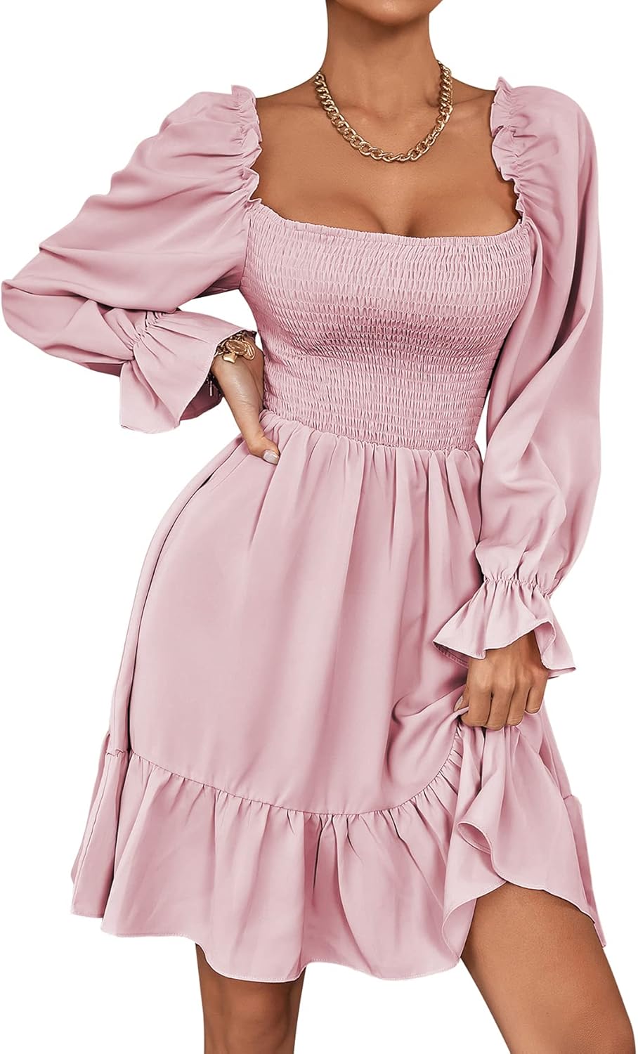 LYANER Women's Square Neck Lantern Long Sleeve Mini Dress