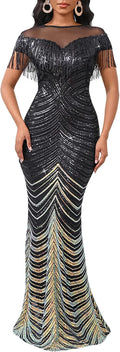 Cololura Sexy Sequin Tassel Mesh Bodycon Maxi Dress for Parties