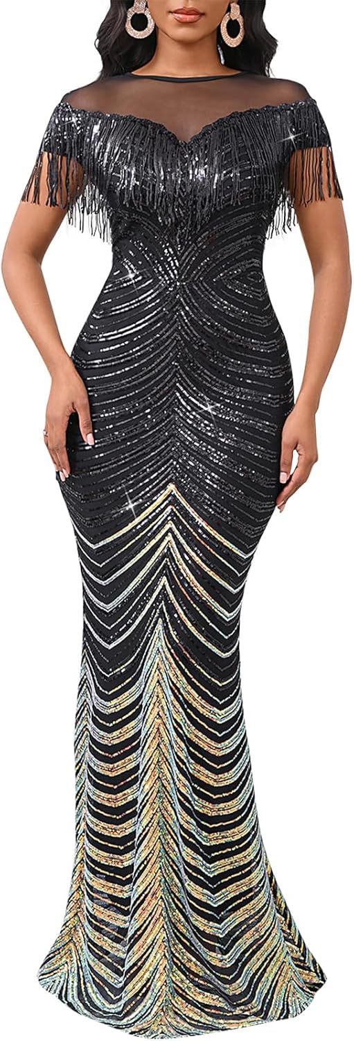 Cololura Sexy Sequin Tassel Mesh Bodycon Maxi Dress for Parties