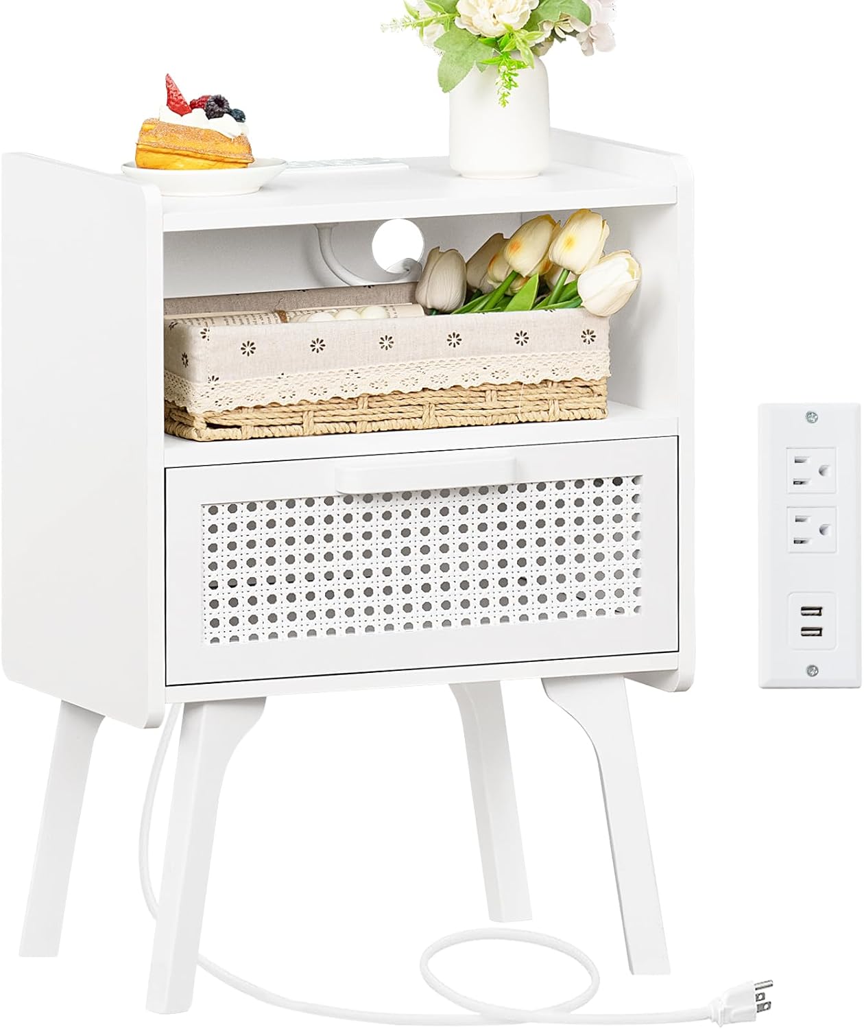 Rattan Nightstand with Charging Station for Modern Bedrooms