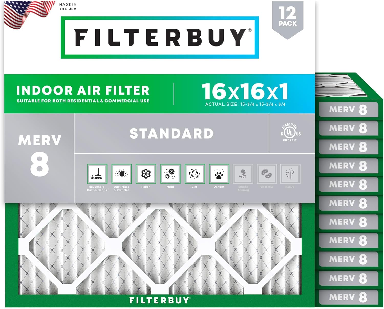 Filterbuy 16x16x1 Air Filter MERV 8 for Dust & Allergy Defense