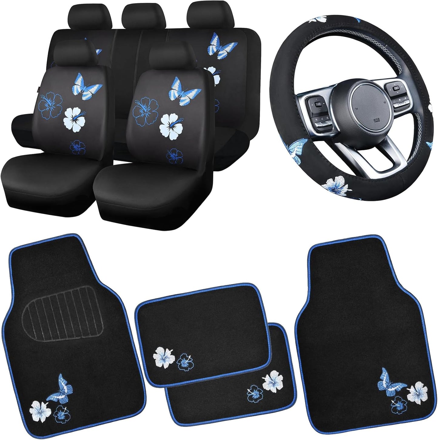 CAR PASS Blue Butterfly Car Seat Covers Full Set for Interior