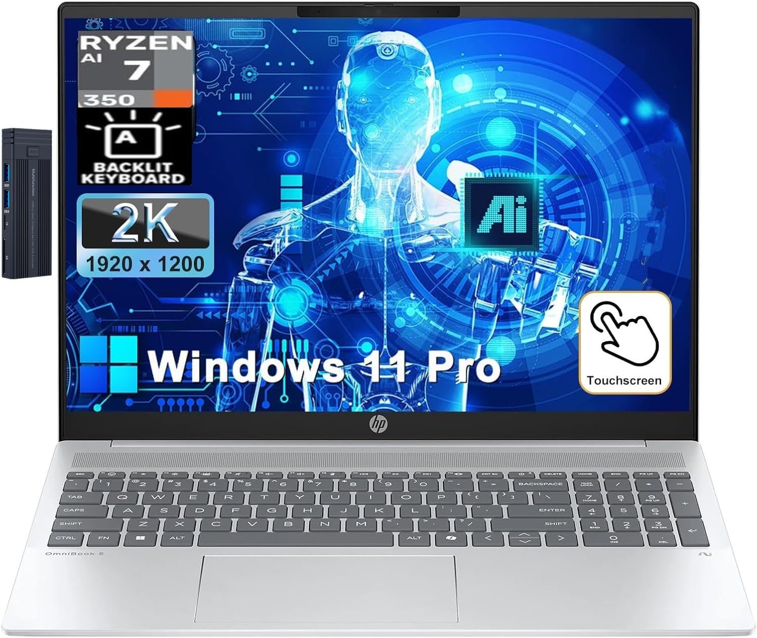 HP Omnibook 5 16in 2K Touchscreen Laptop with AMD Ryzen AI 7