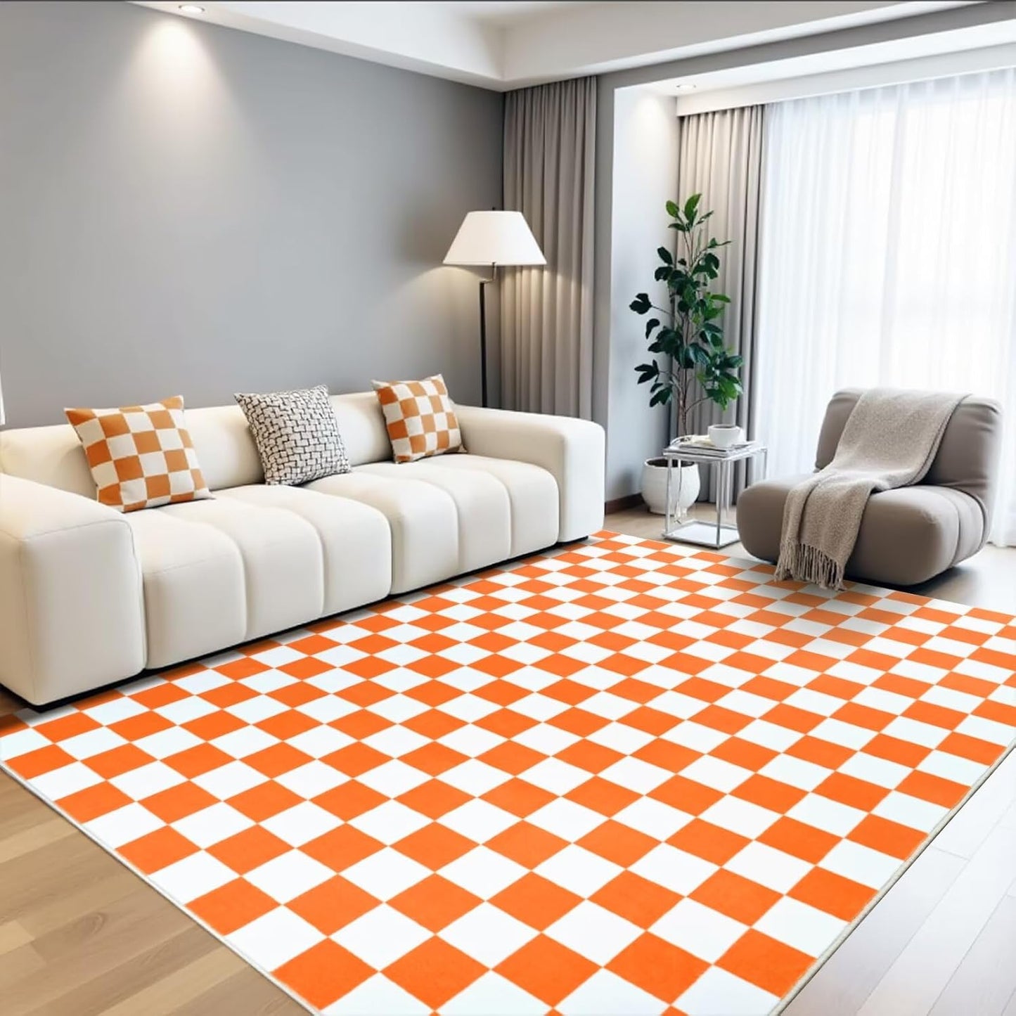 Terrug Orange and White Checkered Rug for Living Room 5x7