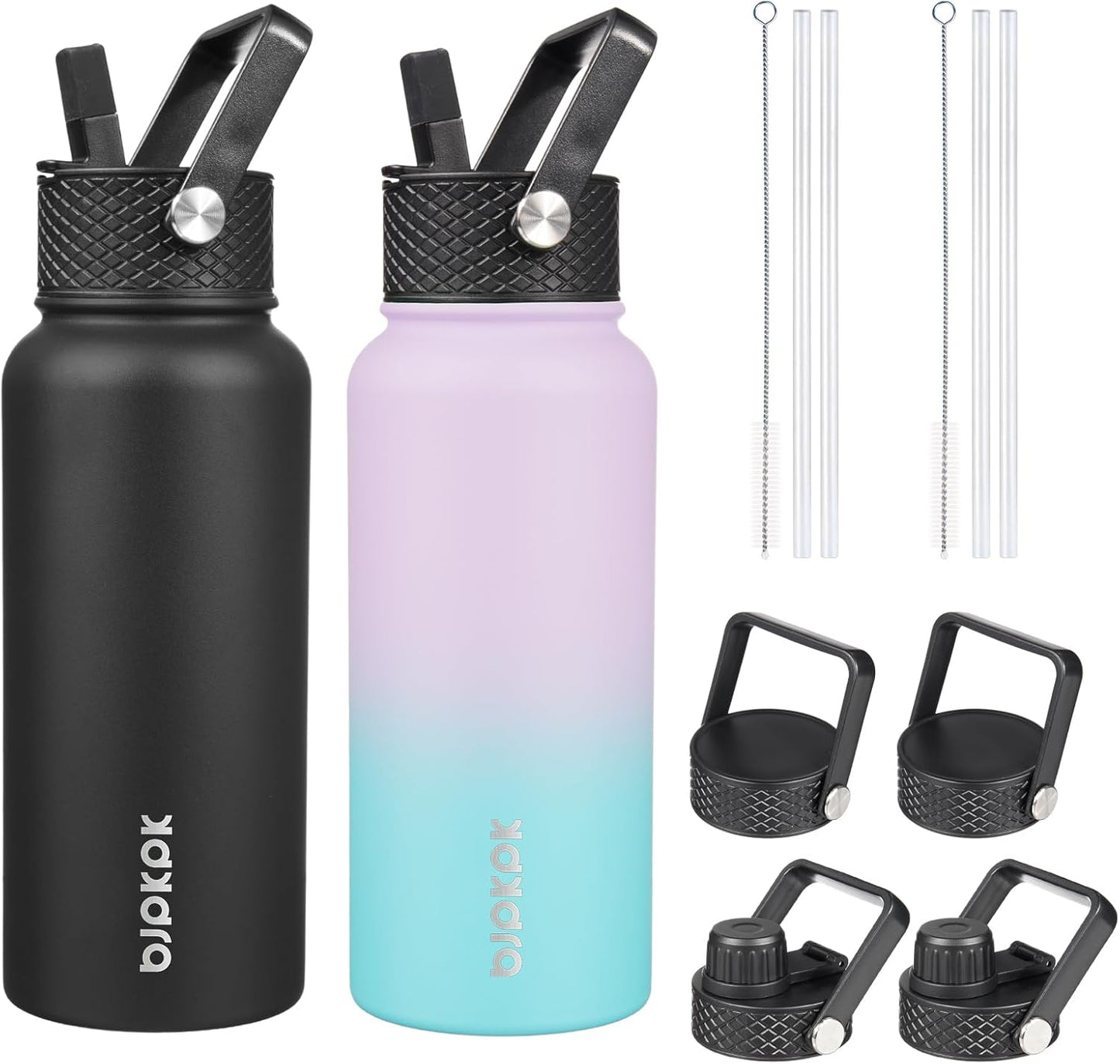BJPKPK 2 Pack Insulated Water Bottles with Straw Lids for All