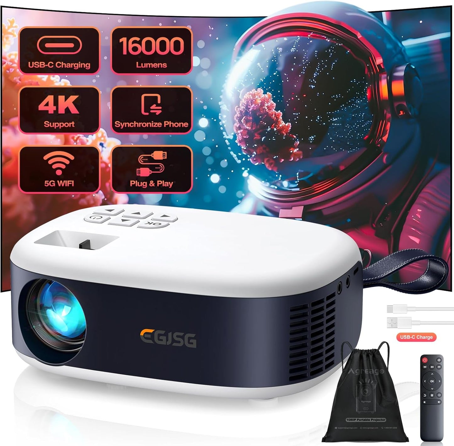 Ultra-Portable Mini Projector: Full HD 1080P, 4K Supported, WiFi, Bluetooth, 16000 Lumens