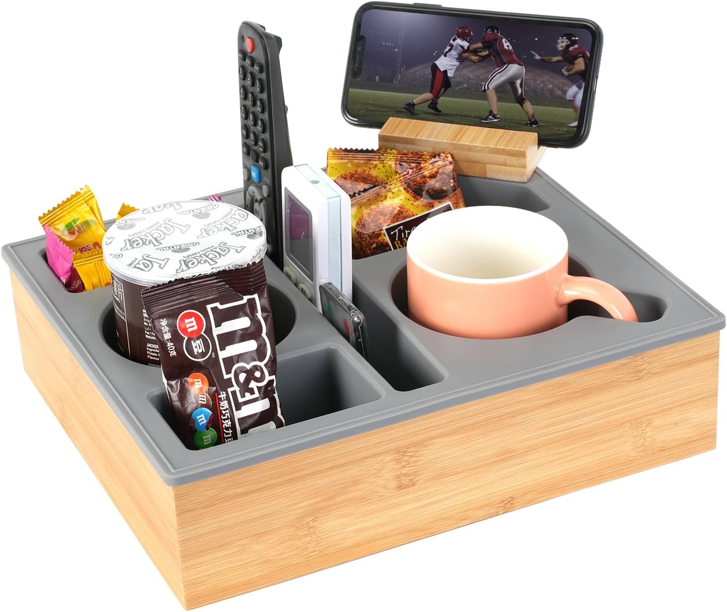 Couch Cup Holder Tray with Rotatable Phone Holder for Snacks