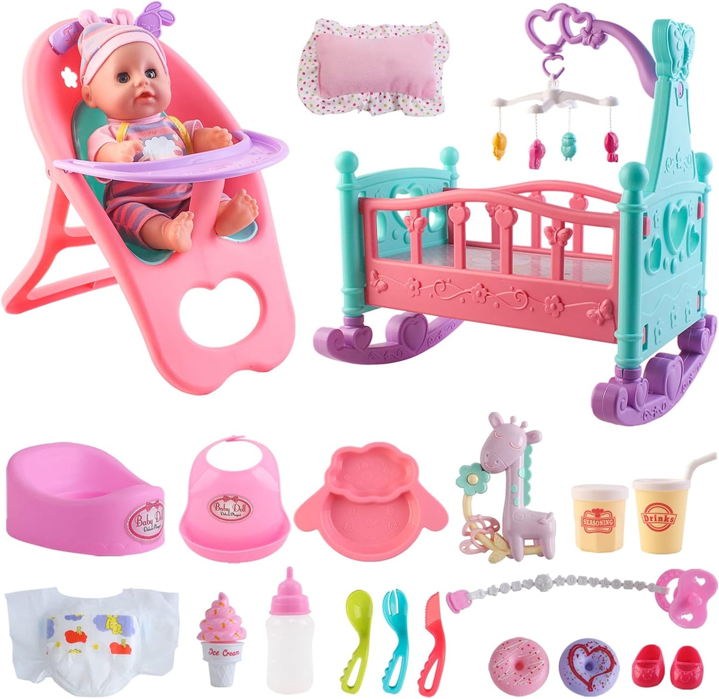 deAO 12 Baby Doll Play Set with Crib and High Chair for Kids