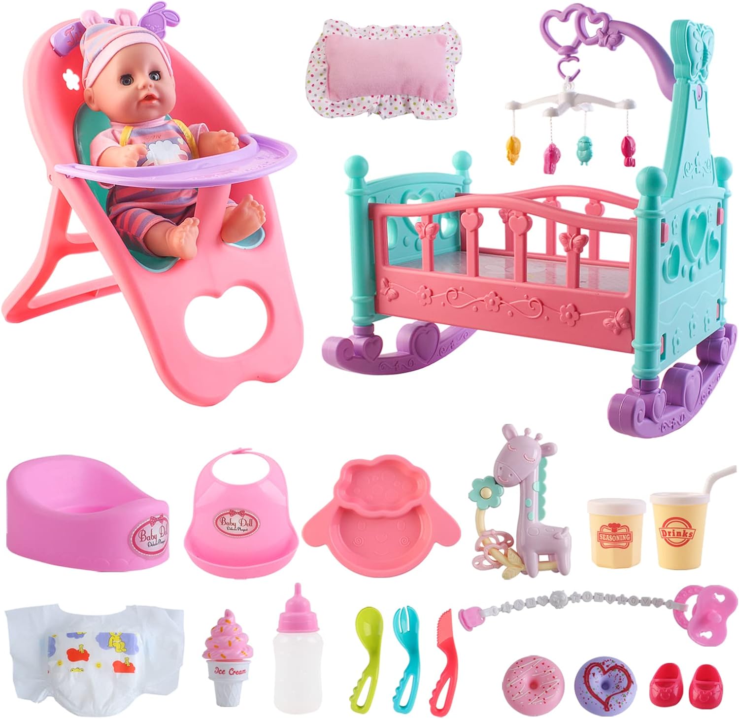 deAO 12 Baby Doll Play Set with Crib and High Chair for Kids