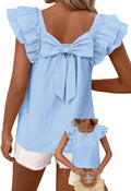 Womens Bow Tie Back Ruffle Short Sleeve Tunic - Cute Babydoll Tee