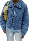 Quilted Denim Puffer Jacket Tie Front Cropped Puffy Coat - Cute Fall