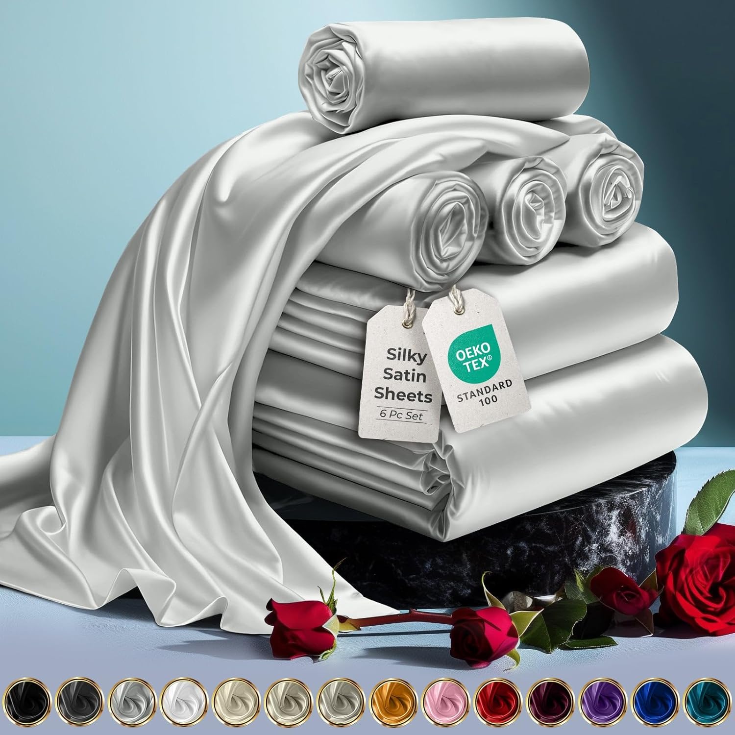 DECOLURE Satin Bed Sheets - Luxury Silky King Size Set