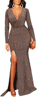 Women's Sexy Sparkly Long Sleeve Maxi Dress V Neck High Slit - Elegant