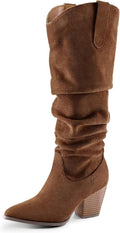 mysoft Womens Knee-High Cowboy Boots - Pointed Toe Mid Chunky Heel