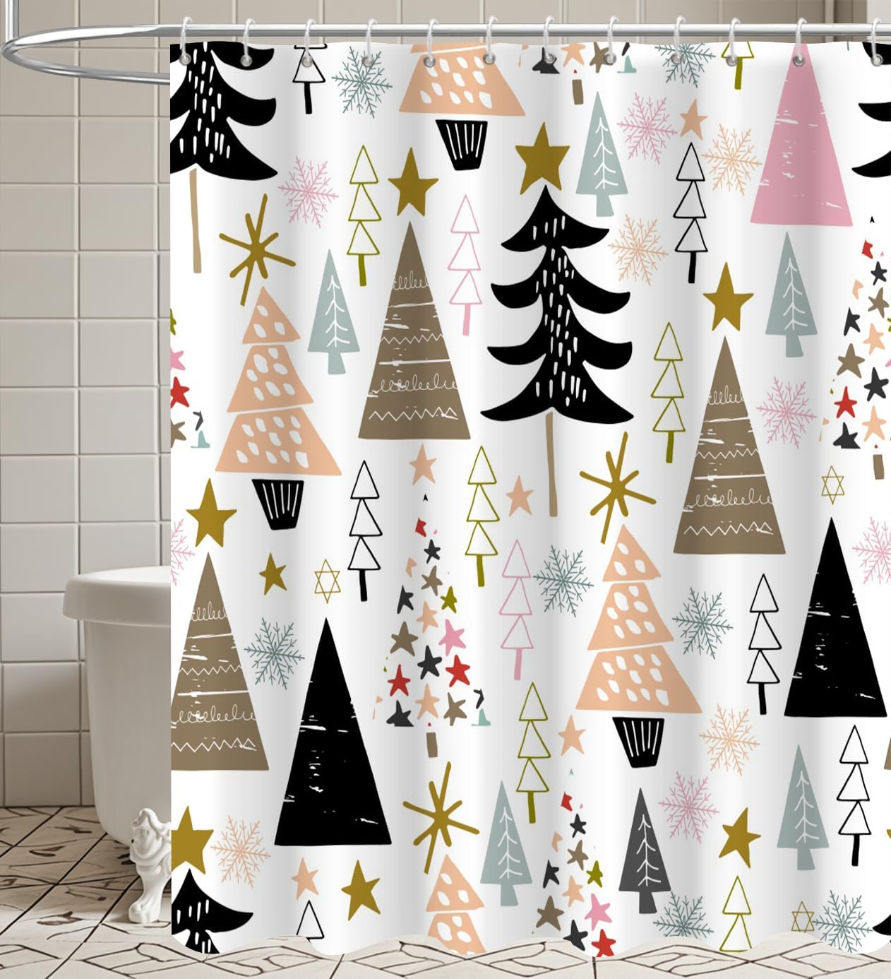 Christmas Tree Snowflake Star Shower Curtain - Waterproof & Machine Washable 72x72