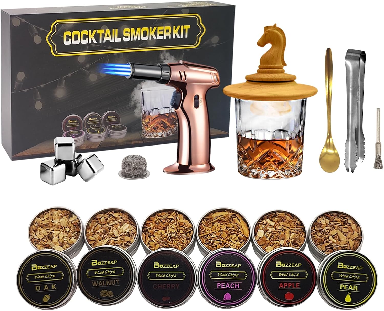 Bourbon Smoker Kit w/ Torch & 6 Flavors Wood Chips, Whisky Glass - Perfect Gift for Men!