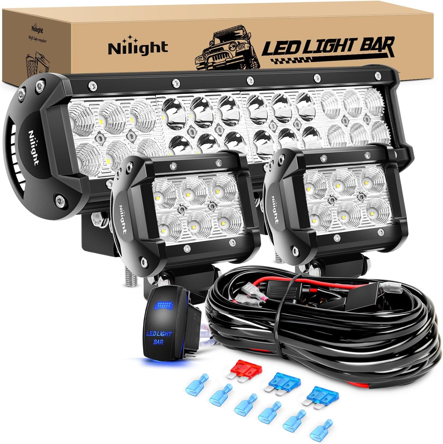 Nilight 12 Inch 72W LED Light Bar and 4 Inch Pods for Trucks