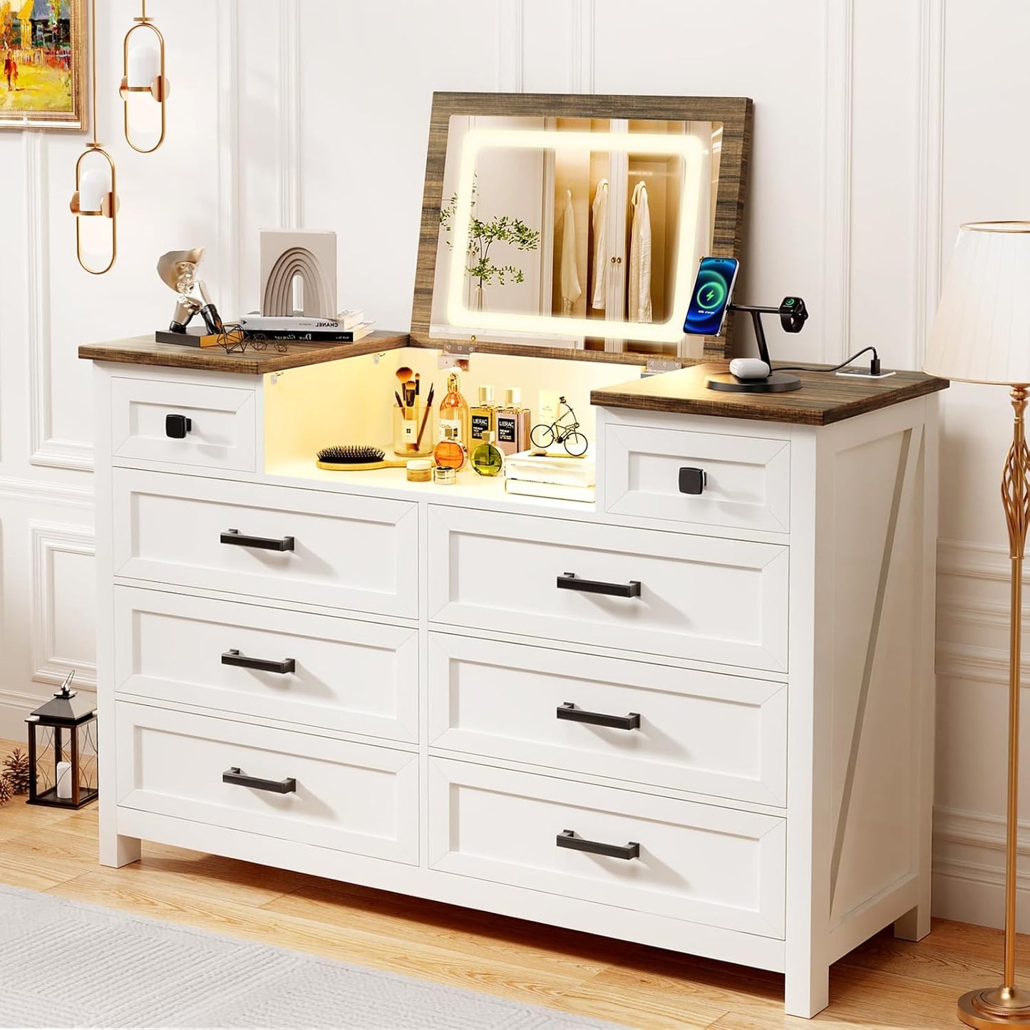 Chest of Drawers for Bedroom with Mirror and Charging Station