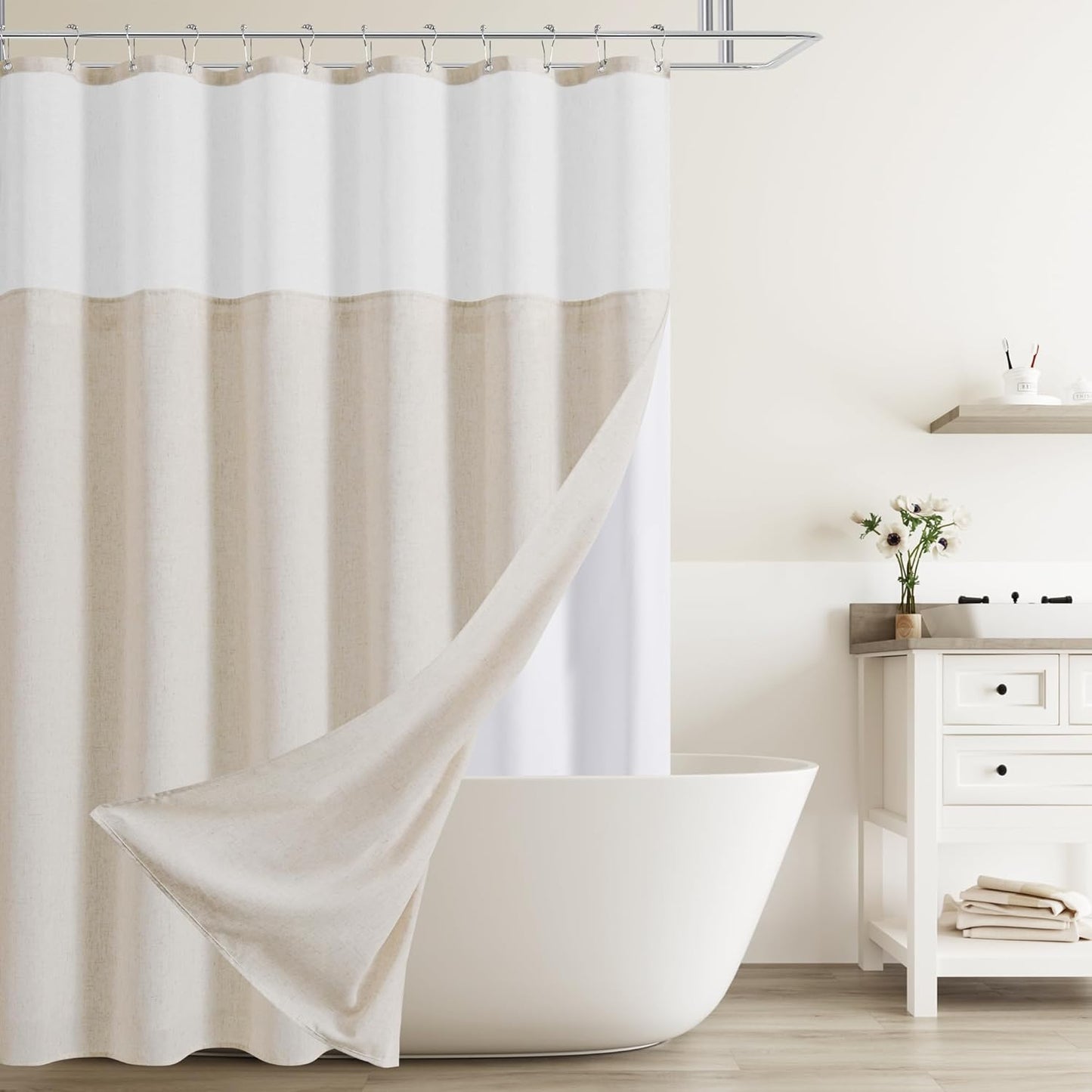 Naturoom Beige Linen Shower Curtain Set for Rustic Bathrooms