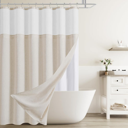 Naturoom Beige Linen Shower Curtain Set for Rustic Bathrooms