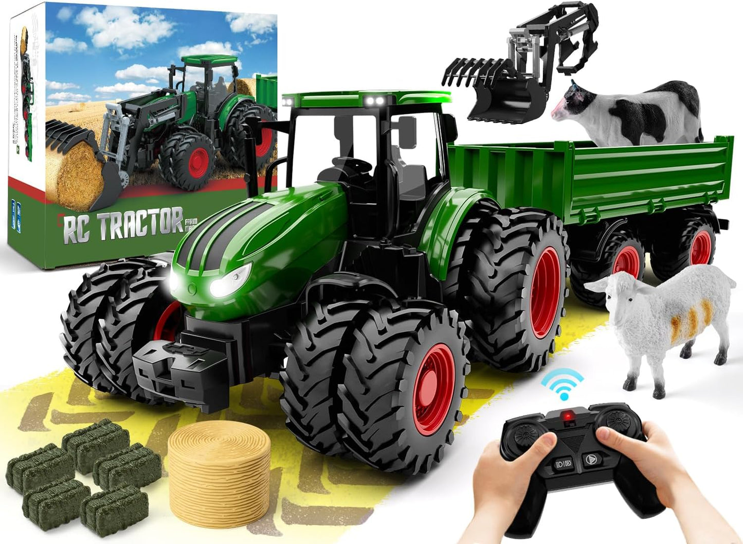 Metal RC Tractor Set for Kids - 8 Wheel, Lights, Remote Control - Fun Farm Toy