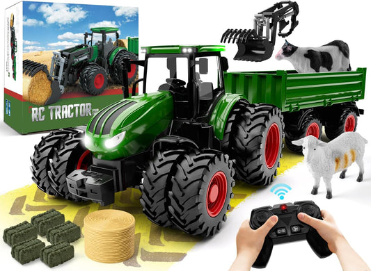 Metal RC Tractor Set for Kids - 8 Wheel, Lights, Remote Control - Fun Farm Toy