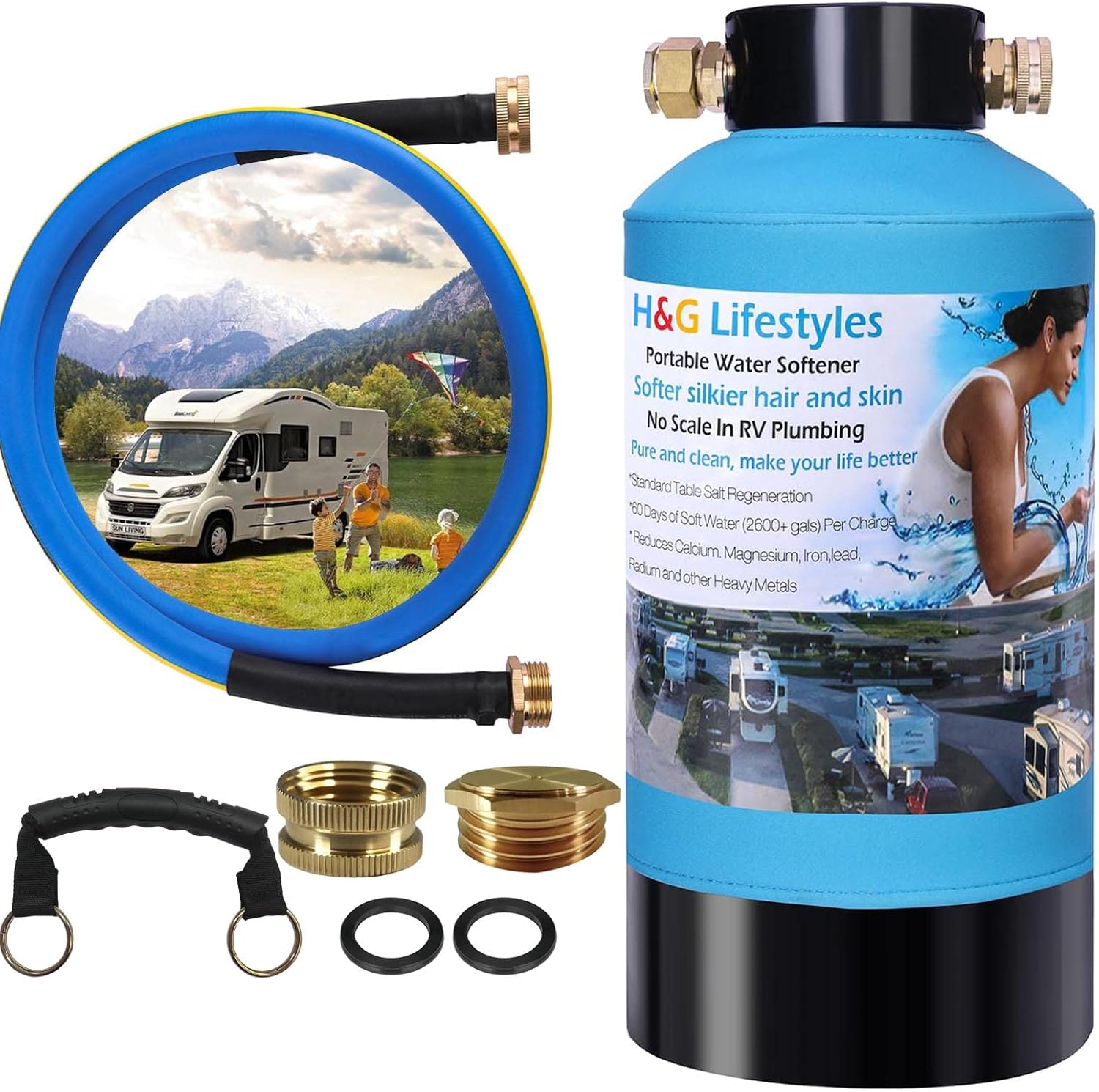 Portable Water Softener for RV with Food-Grade Brass Fittings