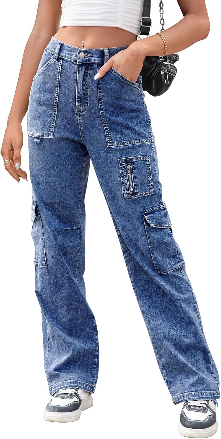 IVIR Cargo Pants Women High Waist Wide Leg Casual Trousers