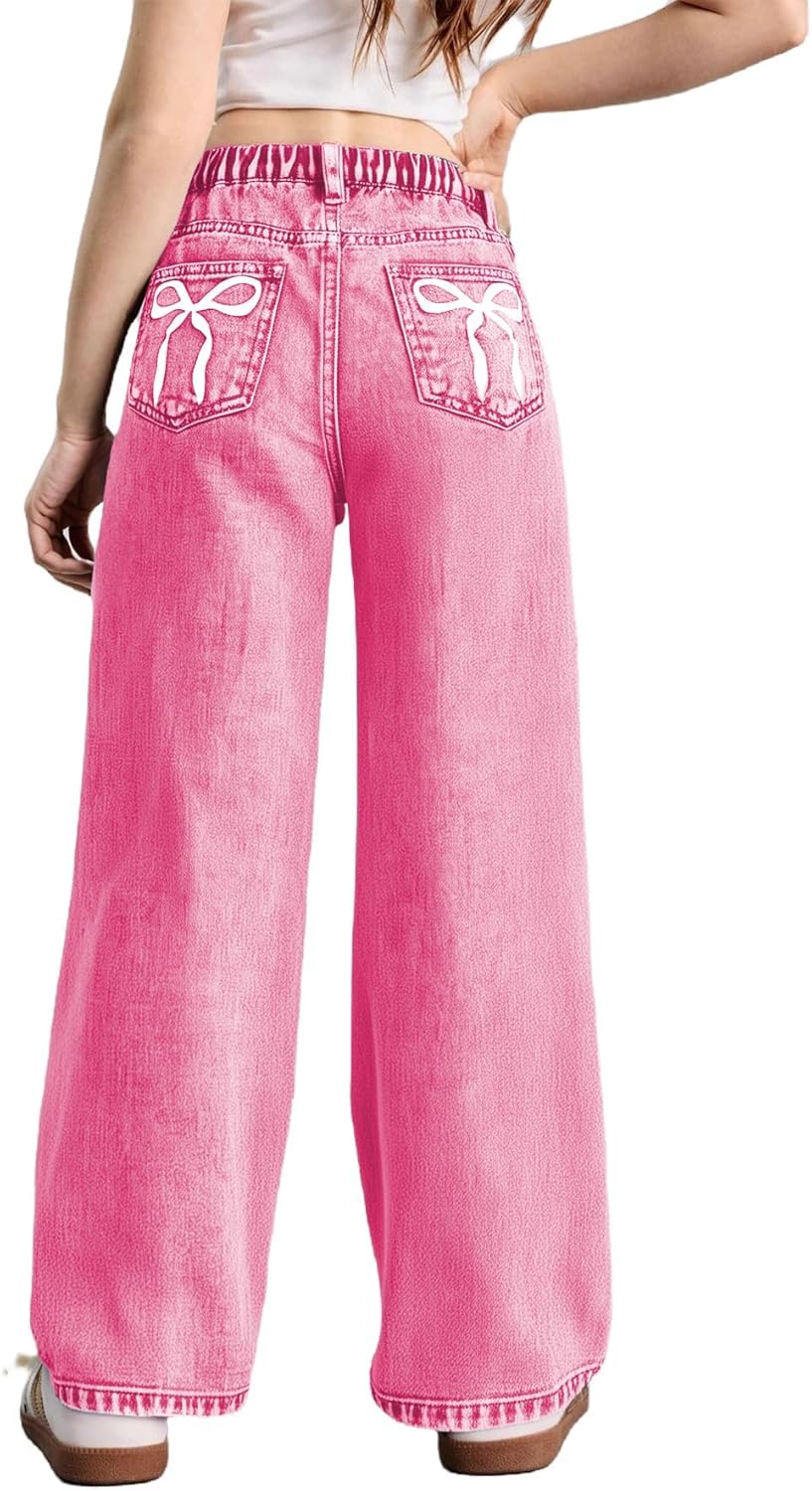 WDIRARA Girl's Bow Print High Waist Denim Pants for Stylish Looks