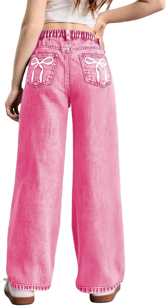 WDIRARA Girl's Bow Print Back Zipper Fly High Waist Denim Pants
