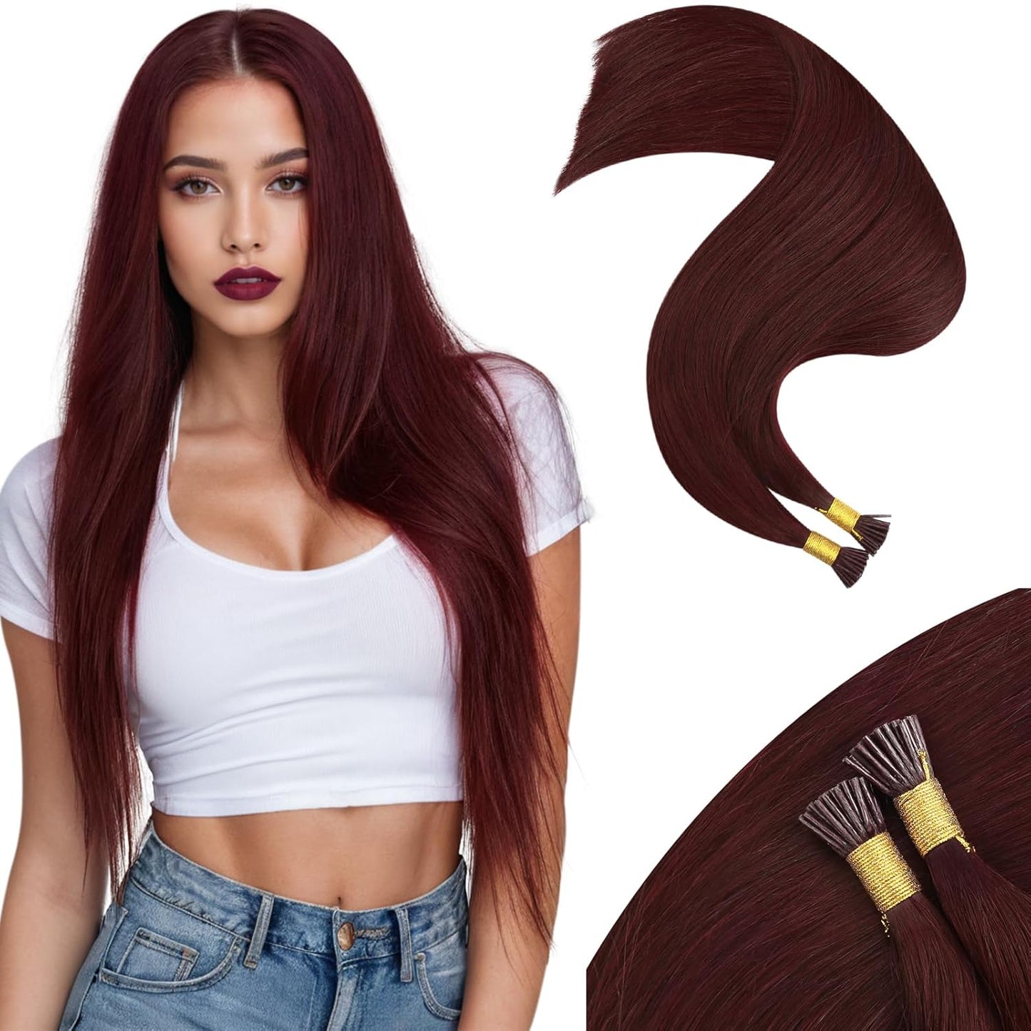 Moresoo I Tip Hair Extensions for Stunning Dark Red Styles