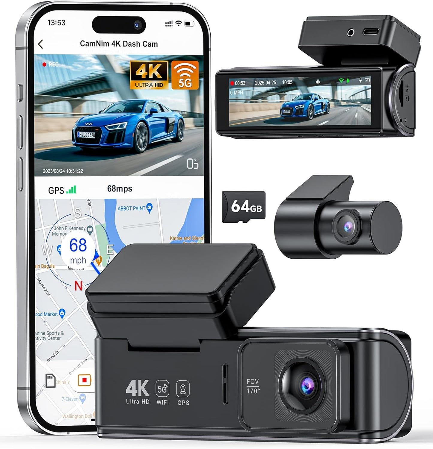 4K Dual Camera Dash Cam with WiFi GPS and Night Vision Features