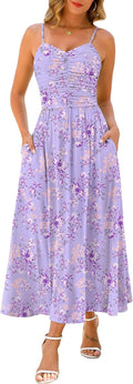 Annebouti Women Ruched Maxi Dress with Pockets - Flattering Beachwear