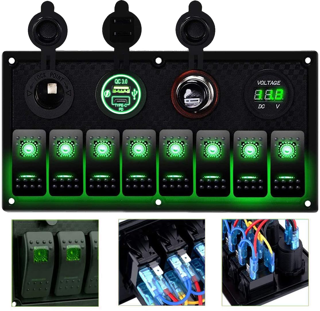 MKING 8 Gang Marine Switch Panel with USB & Type-C Charger