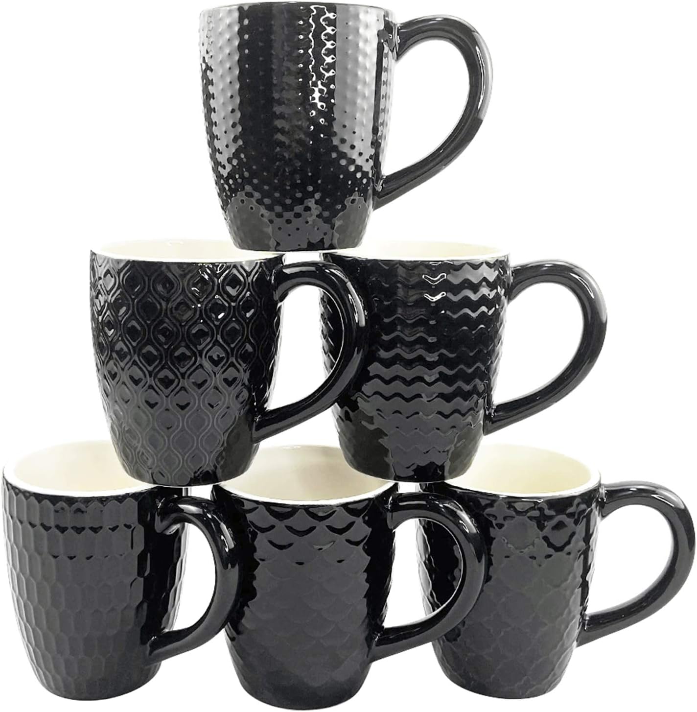 Schliersee 12oz Black Ceramic Coffee Mugs Set 6 - Stylish Embossed Designs