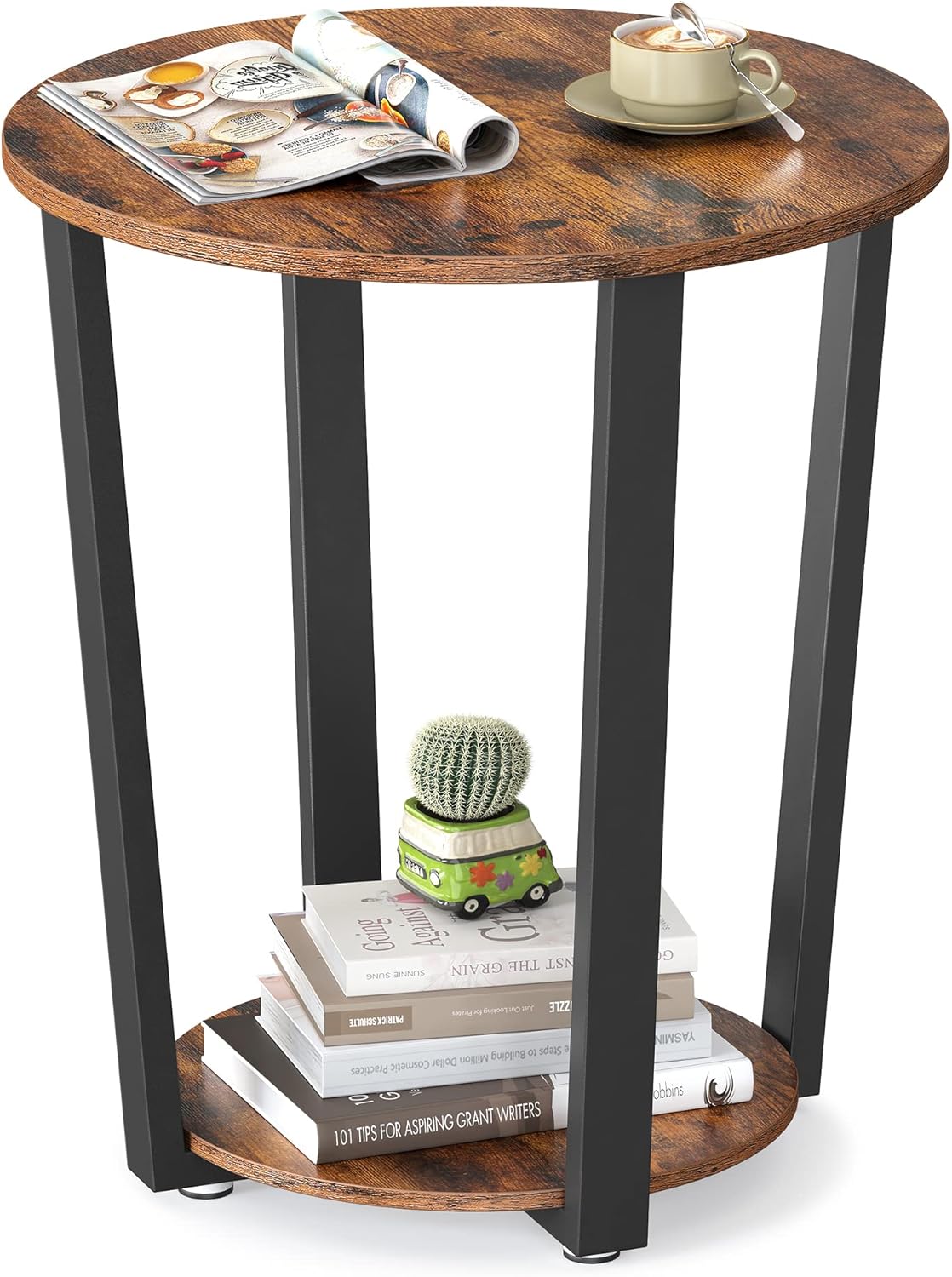 VASAGLE Round Side End Table with Storage Shelf for Small Spaces