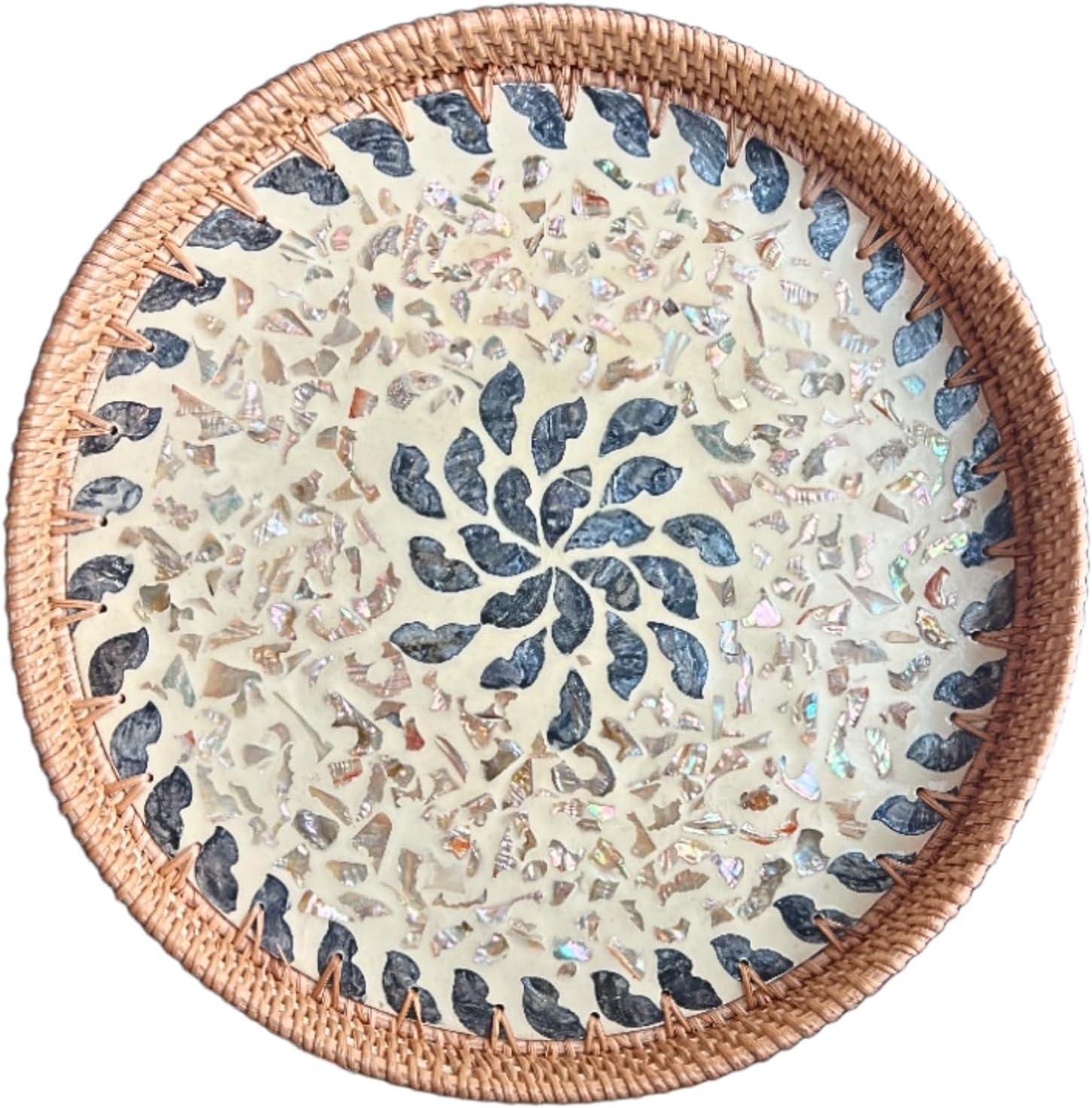 14 in Large Rattan Serving Tray with Mother of Pearl for Decor