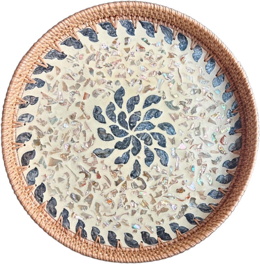 14 in Large Rattan Serving Tray with Mother of Pearl for Decor