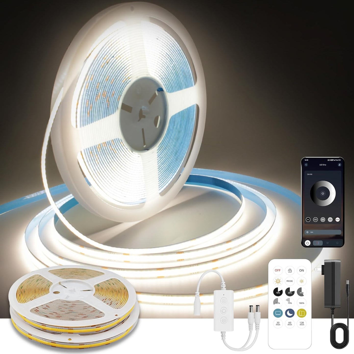 COB LED Strip Lights Natural White 4000K 50FT Flexible Lighting
