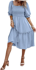 PRETTYGARDEN Women's Puff Sleeve Square Neck A-line Midi Dress