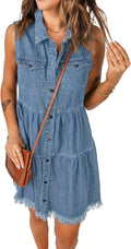 Women Casual Summer Lapel Sleeveless Button Down Denim Jean Dress