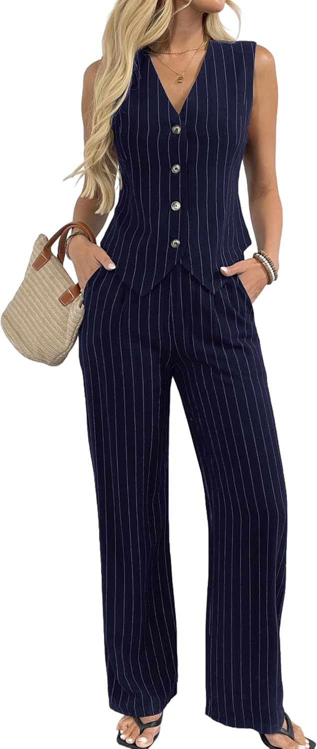 heipeiwa Women's 2 Piece Outfits Linen Vest Waistcoat Sets