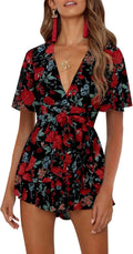 Women's Floral Romper Jumpsuit V Neck Waist Tie - Flowy Summer Style