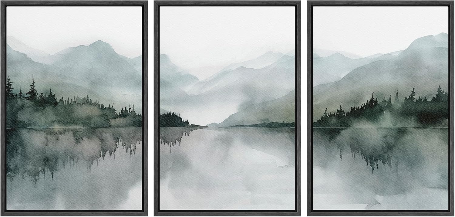 Misty Mountain Lake Watercolor Art Print Set for Chic Decor