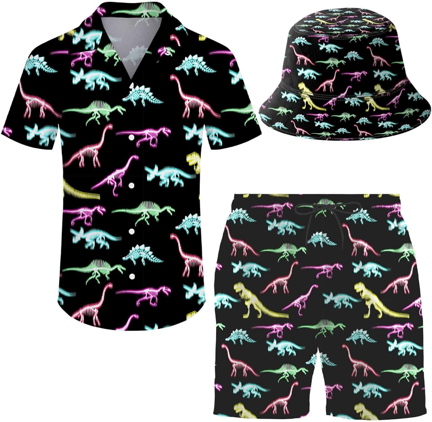 Men's Hawaiian Shirt and Shorts Set with Bucket Hat for Summer