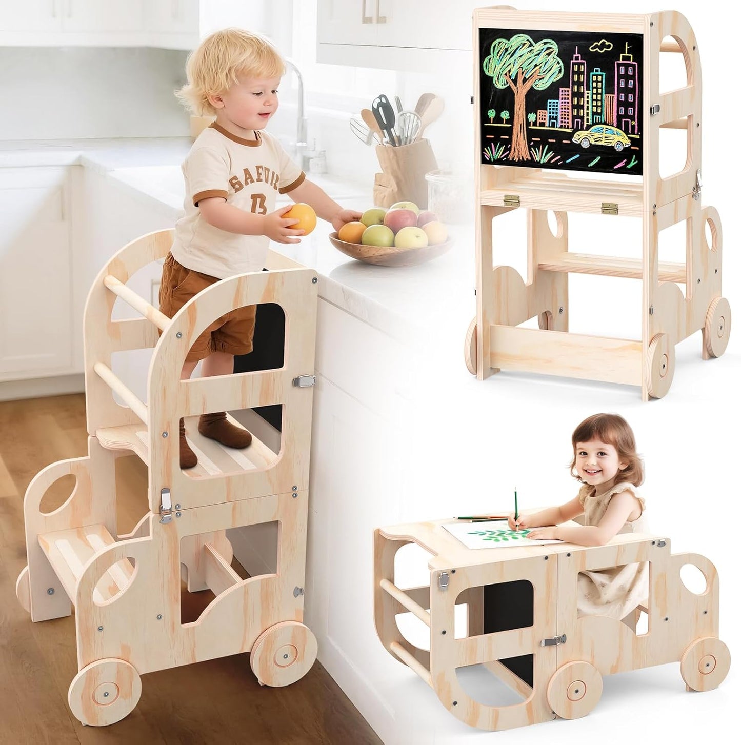 Toddler Kitchen Step Stool with Blackboard for Learning Fun